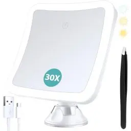 Produktbild: B Beauty Planet Vergrößerungsspiegel mit Licht,30 Fach Vergrößerung, Beleuchteter Make-up-Spiegel mit Touch Control und Saugnapf, Wiederaufladbar, 360° Drehbar, Badezimmer und Reise, Quadratisch