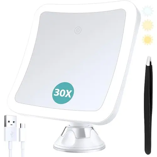 Produktbild: B Beauty Planet Vergrößerungsspiegel mit Licht,30 Fach Vergrößerung, Beleuchteter Make-up-Spiegel mit Touch Control und Saugnapf, Wiederaufladbar, 360° Drehbar, Badezimmer und Reise, Quadratisch