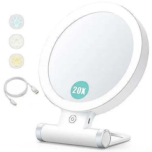 Produktbild: B Beauty Planet Vergrößerungsspiegel mit Licht, 20-fache/1-fach Doppelseitige Tischspiegel,3 Farblichter, DimmbarerSchminkspiegel,Reisen Kosmetik Spiegel mit Beleuchtung,Weiß
