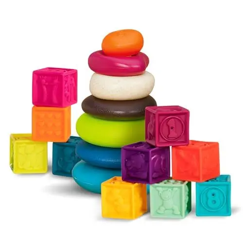 Produktbild: B. toys Baby Spielzeug Stapelturm und weiche Bausteine, Bauklötze Motorikspielzeug, Lernspielzeug, Spielwürfel ab 6 Monaten (17 Teile)