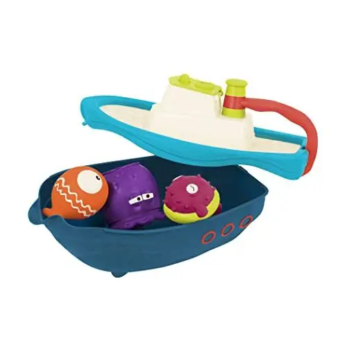 Produktbild: B. toys Boot und Badetiere Badewannenspielzeug – Badespielzeug, Wasserspielzeug für Pool und Badewanne, Baby und Kinder Spielzeug ab 6 Monate (5 Teile)