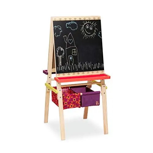 Produktbild: B. toys Tafel Kinder, Maltafel mit Kreidetafel, Whiteboard, Papierhalterungen, Ablagen und 2 Behälter für Zubehör – Staffelei Holz Spielzeug ab 3 Jahre