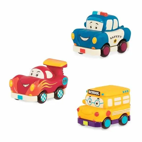 Produktbild: B. toys Weiche Spielzeug Autos zum Zurückziehen und Loslassen – Polizeiauto, Rennauto, Schulbus – Motorikspielzeug für Kinder ab 1 Jahr (3 Stück)