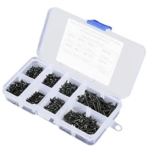 Produktbild: 800-teiliges Set mit Selbstschneidenden Senkschrauben M2 aus Schwarzem Kohlenstoffstahl mit Flachem Kreuzkopf für Verschiedene Anwendungen