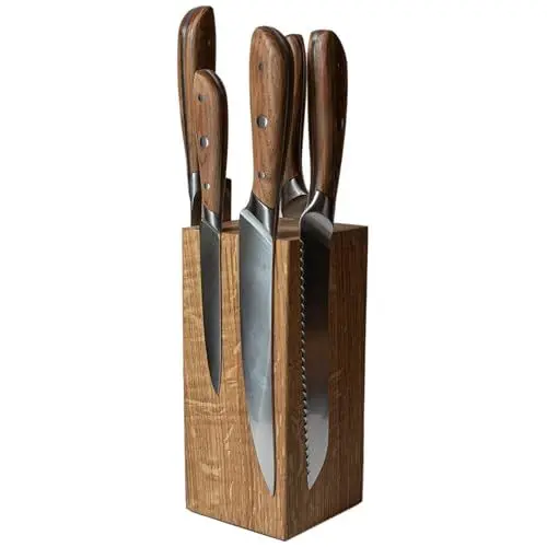 Produktbild: B4K Magnetischer Messerblock ohne Messer, für 8 Küchenmesser, Magnetischer Messerhalter aus Eichenholz mit sehr starken Neodym Magneten, Handgefertigt, Natur, Maße: 22 x 10 x 10 cm