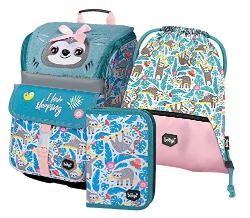 Produktbild: Baagl Schulranzen Mädchen Set 3 Teilig - Zippy Schultasche für 1. Klasse - Grundschule Ranzen Tornister mit Brustgurt - Ergonomischer Schulrucksack (Faultier)