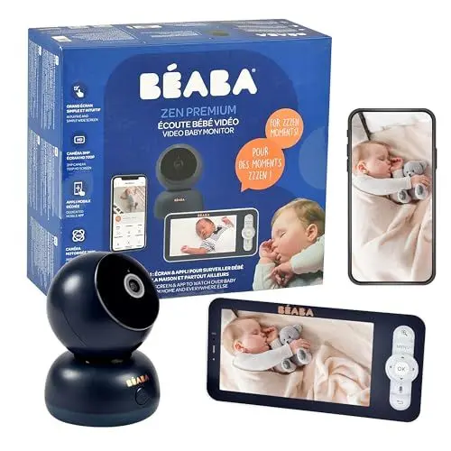 Produktbild: BÉABA, Babyphone, 2-in-1 Video-Babyphone, Bildschirm/Gewidmete Mobile App, HD-Kamera, 360°-Drehung, Nachtsicht, Walkie-Talkie, Schlaflieder, Temperatur- und Luftfeuchtigkeitskontrolle,Zen Premium Blau
