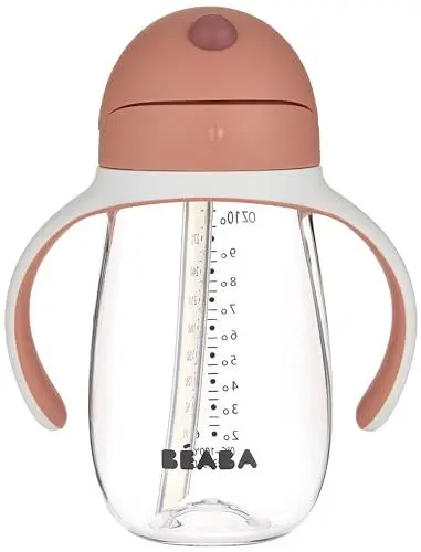 Produktbild: BÉABA - Trinklernbecher - 2 in 1 Babyflasche - Kindertasse mit Strohhalm - 100% dicht - Leicht zu öffnen - Abnehmbare Griffe -Tritan und Silikon - 300 ml - Rosa