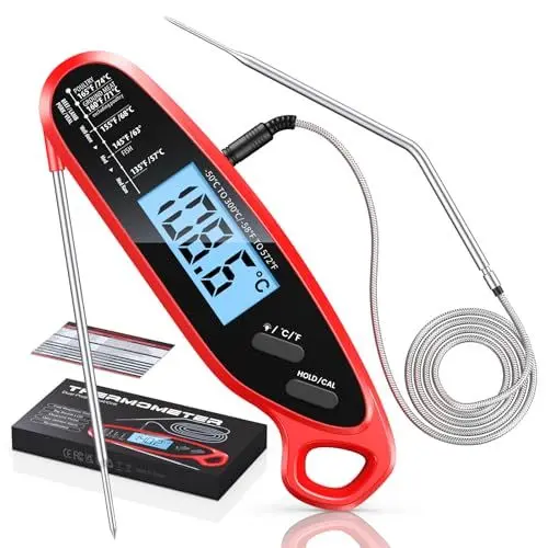 Produktbild: Babacom Fleischthermometer Sofortanzeige mit zwei Sonden & großem Bildschirm, Bratenthermometer mit Alarmeinstellung und Kalibrierung, Weinthermometer für Küche, Ofen, Zucker, Flüssigkeiten, BBQ