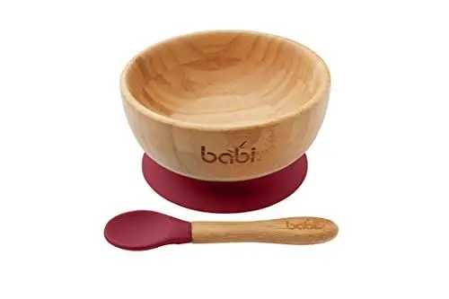 Produktbild: Babi® Große Schüssel und passender Löffel für Babys, Kleinkinder, natürlicher Bambus, mit Saugnapf, Kirschrot