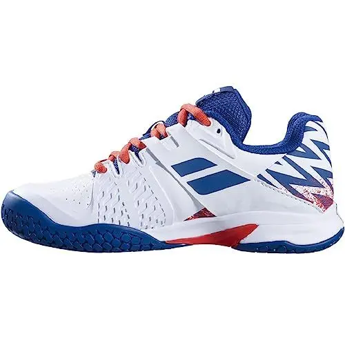 Produktbild: Babolat AC JR, Propulse All-Court-Tennisschuhe für Kinder – Halt, Dämpfung und Haltbarkeit, breiter Wickelriemen, atmungsaktive Ortholite-Sohle, französische Marke Weiß, Größe EU 32, White/Estate Blue