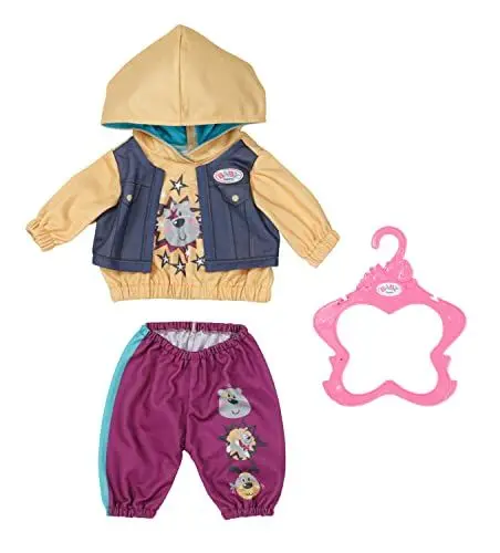 Produktbild: BABY born 832615 Outfit mit Hoody 43cm - Puppenkleidung Set bestehend aus Hose, Pullover und Kleiderbügel in lila gelb