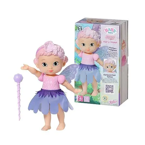 Produktbild: BABY born 833780 Storybook Fairy Violet 18 cm- Feen-Puppe mit flatternden Flügeln, Farbwechsel Tattoo, Feenlicht, Zauberstab, Kulisse und Bilderbuch