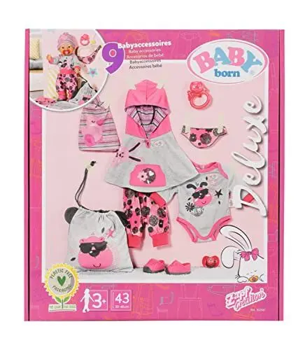 Produktbild: BABY born Erstausstattung, 9 teiliges Bekleidungsset mit Zubehör und Kleidung in Grau Rosa für 43 cm Puppen, 832561 Zapf Creation