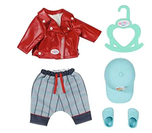 Produktbild: BABY born Little Cool Kids Outfit, 4 teiliges Set bestehend aus roter Jacke, karierter Hose, Mütze und Schuhen für 36 cm Puppen, inkl. Kleiderbügel, 832356 Zapf Creation