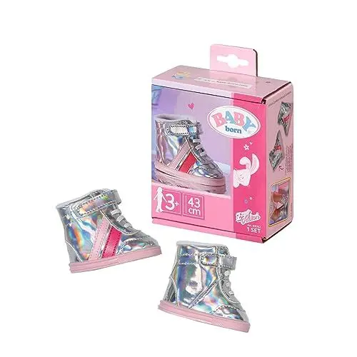 Produktbild: BABY born Sneakers silber, Puppenschuhe in Silber-Metallic mit pinken Streifen für 43 cm Puppen, 831762 Zapf Creation
