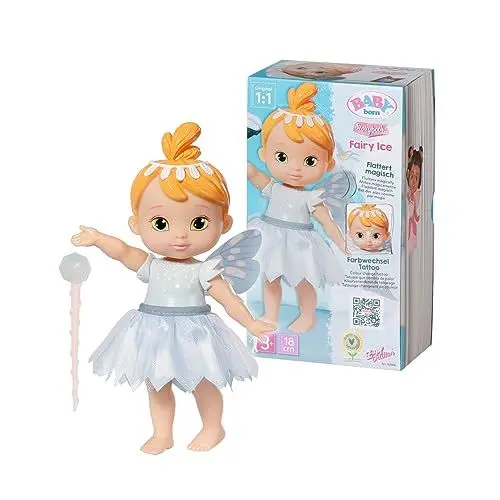 Produktbild: BABY born Storybook Fairy Ice 18 cm, Feen-Puppe mit flatternden Flügeln, Farbwechsel Tattoo, Feenlicht, Zauberstab, Kulisse und Bilderbuch, 831816 Zapf Creation