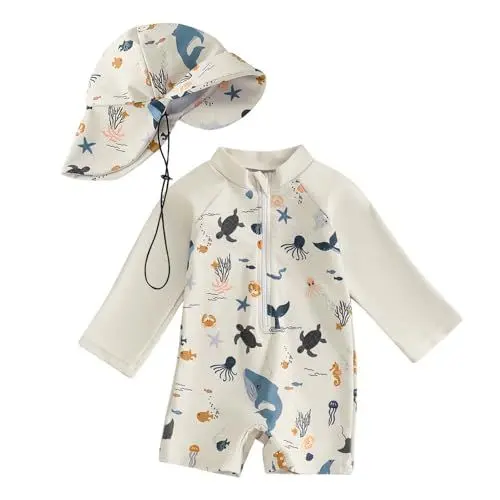 Produktbild: Baby Badeanzug mit Sonnenhut UPF 5+ Einteiliger Reißverschluss Kinderbadeanzug UV Schutz Schwimmanzug Einfaches Anziehen Langarm Schnelltrocknender One Piece Neoprenanzug Badebekleidung -3 Jahre