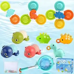 Produktbild: Baby Badespielzeug 12St,Saugnapf Spielzeug Baby Dinosaurier Angeln Spielzeug mit Fischernetz Schildkröten Aufzieh-Badespielzeug Finger Sensorisches Kinder Badewannen Weihnachten Geschenke für ab 18Mon