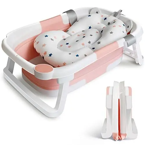 Produktbild: Baby Badewanne Faltbare Babybadewanne Kinder, Neugeborene Baby-Plastikbadewanne mit faltbaren Anti-Rutsch-Beinen Zusammenklappbare Badewanne für das Baden von Kleinkindern | Rosa und Weiß