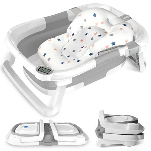 Produktbild: Parner Baby Badewanne Faltbare mit Integriertem Thermometer, Groß Baby Badewanne mit Badematte Rutschfeste Tragbare Reisedusche Badebecken Babybadezubehör für Neugeborene Kleinkinder, Grau