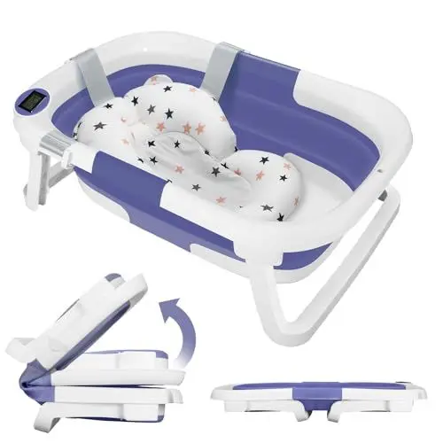 Produktbild: Baby Badewanne mit Integriertem Thermometer, Groß Faltbare Babywanne mit Badematte, Baby Wanne mit Duschkopfanschluss, Ergonomisch, Platz Sparen, Tragbare Badewanne Baby für Babys von 0-36 Monaten (B)