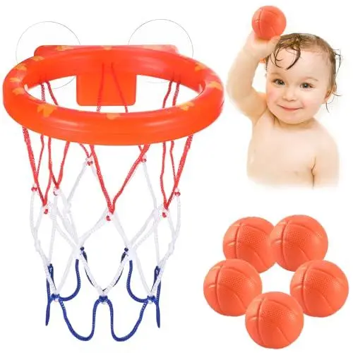 Produktbild: Baby Badewannenspielzeug:5 Bälle ohne Löcher + Basketballkorb mit starkem Saugnapf.Badespielzeug für Kleinkinder oder Kinder/Jungen oder Mädchen.Spielzeug-Set für Wohnzimmer,Badezimmer,Schlafzimmer