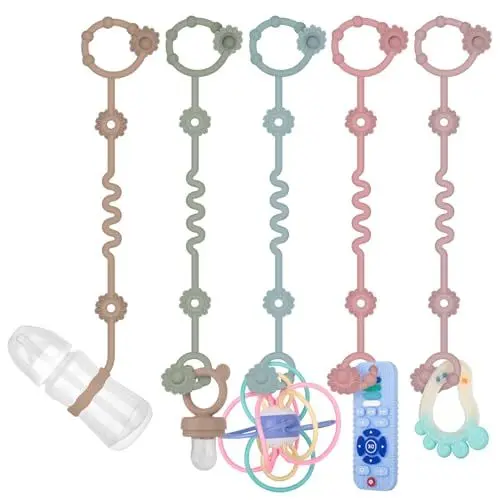 Produktbild: Baby Cup Catcher, Spielzeug Schnullerkette Silikon, BPA-frei Sicherheitsgurte für Spielzeug, Trinkbecher Halteriemen für Kinderwagen Hochstuhl Autositz 5 Pack (Sage+Sand+Ether+Powder rose+Dusty lilac)
