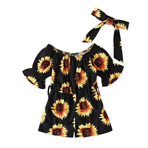 Produktbild: Baby Fotoshooting Sonnenblumen-Strampler-Krawatten-Overall-Set für Mädchen, Anzug, Schleife, kurz, bedruckt, Kleinkind, Blumen, Kinder, Ärmel, Baby, zwei 1–5 Jahre, Mädchen-Outfits und Set Pullover