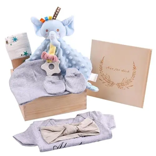 Produktbild: Baby Geschenk Junge, Neugeborenen Geschenk, Rodelna Baby Geschenk Set, 7-in-1 Set: einschließlich Strampler,Decke, Sicherheitsdecke, Baby-Mütze, Baby-Handschuhe, Schleife, Souvenir-Box…