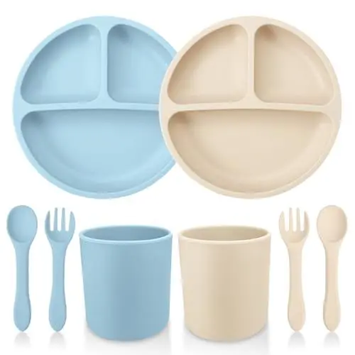 Produktbild: Baby Geschirrset,8er Kindergeschirr Set,2 Babylöffel,2 Gabeln,2 Trinklernbecher,2 Silikon Baby Teller mit Saugnapf,Baby Led Weaning Besteck Set,BPA Frei,Spülmaschinen Und Mikrowellen Safe (Blau+Beige)