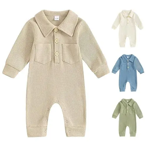 Produktbild: Baby Jungen Strampler Langarm Schlafstrampler Neugeborene Einfarbig Schlafoverall mit Knöpfen Schlafanzug Ohne Füße Jumpsuit Warm Pyjama Plaid Einteiler (Khaki, 6-12 Months)