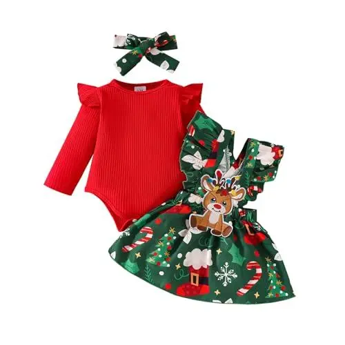 Produktbild: Baby Kleidung Set Baby Mädchen Rotes Oberteil Kleid Schleife Kleid Stirnband Set Body Rüschen Baby (Green, 12-18 Months)
