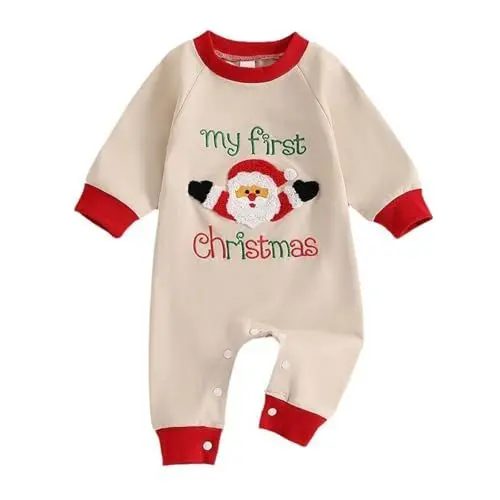 Produktbild: Baby Kleinkind Weihnachten Mein erstes Weihnachtshandtuch Bestickter Langarm Krabbelanzug Strampler Junge (Beige, 3-6 Months)