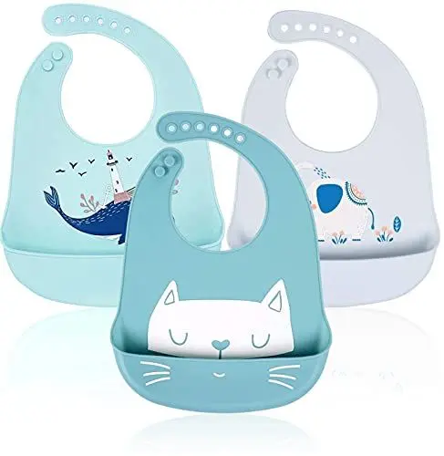 Produktbild: Baby Lätzchen Silikon Wasserdichte - RIGHTWELL 3 pack Wasserdicht Silikon Babylätzchen mit 6 verstellbaren Tasten, Unisex für Entwöhnen, BPA Frei, Einfache Reinigung, Spülmaschinenfest
