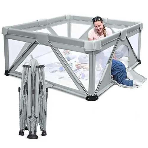 Produktbild: Baby Laufgitter faltbar, Heyo.Ja großer Spielhof, Laufgitter für Babys und Kleinkinder, Spiel Stifte für Babys und Kleinkinder mit Tor, tragbarer Laufstall für drinnen und draußen (120 x 160 x 68 cm)