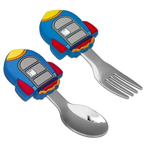 Produktbild: Baby Löffel Gabel Set, 2Stück Kleinkinder Fütterung Lernlöffel, Silikon und Edelstahl Kinder Besteckset,BPA-frei Easy Grip Hitzebeständige Babylöffel,für Babys über 12 Monate