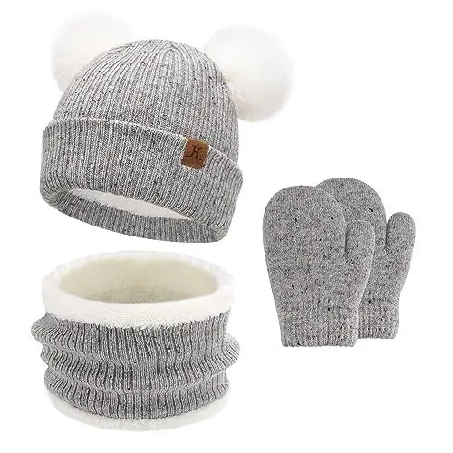 Produktbild: Baby Mädchen Jungen Winter Warm Mütze Loop Schal Handschuhe Set, Kinder Pompom Wintermütze Strickmütze Beanie Fäustlinge Schlauchschal für 0–4 Jahre Kleinkinder Neugeborenen, Grau