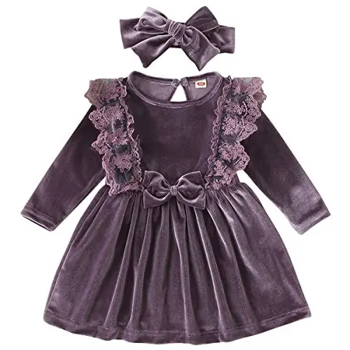 Produktbild: Baby Mädchen Langarm Samtkleid A Line Prinzessin Winterkleid + Stirnband Herbst Winter Hochzeit Festlich Abendkleid Kleidung Traubenviolett 2-3 Jahre
