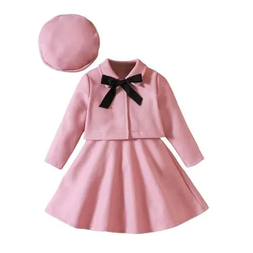 Produktbild: Generisch Kinderkleidung Junge Baby Mädchen Schleife Langarm Wollmantel Weste Kleid Hut Anzug Dreiteiliges Set für 1 bis 6 Hose Mädchen (Pink, 4-5 Years)