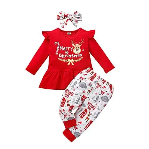 Produktbild: Baby M?dchen Weihnachtsoutfit S?ugling Kleinkinder Mein erstes 1. Weihnachten Party Kleidung Rentier Weihnachtsmann Druck Baumwolle Langarm Top Shirt Hose Stirnband Bekleidungsset Rot 6-12 Monate