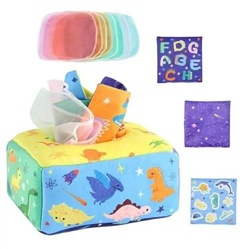 Produktbild: Baby Montessori Spielzeug Dinosaurier Tissue Box Baby Spielzeug Sensorik Spielzeug Baby mit 3 Knisterpapier und 8 Bunte Schals Interaktive Tücherbox Baby Spielzeug für Baby 5-12 Monate