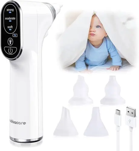 Produktbild: Baby Nasensauger, Nasensauger Baby Elektrisch mit LED-Lampe, 4 wiederverwendbare Silikon-Rotzsaugerdüsen & 3 Saugstufen für Neugeborene, Kleinkinder und Kleinkinder