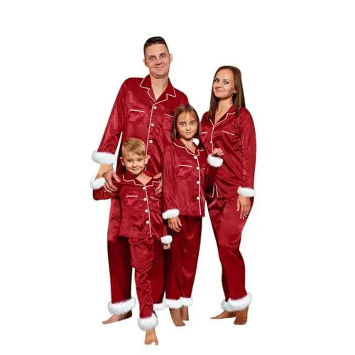 Produktbild: Baby Schlafanzug Weihnachten Familie Weihnachten Schlafanzug Set, Satin Pyjama Partnerlook für Damen, Herren, Kinder, Festliche Langarm Nachtwäsche mit Plüschbesatz als Weihnachtsoutfit