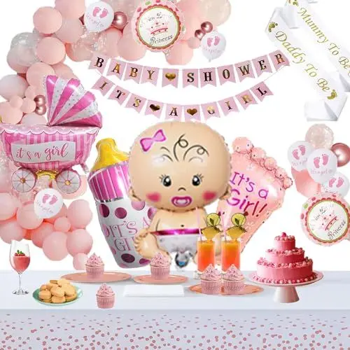 Produktbild: Baby Shower Dekorationen Mädchen mit Tischdecke, Babyparty Deko Mädchen Its a Girl Deko Banner