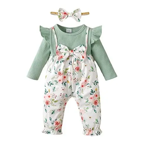 Produktbild: Baby Strampler Neugeborene Mädchen Kleidung Rüschen Langarm Onesie Floral Bowknot Jumpsuit Bodysuit Stirnband Outfit Set
