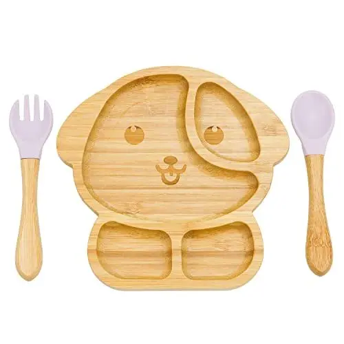 Produktbild: Baby Teller,Feelhap Babyteller mit Saugnpaf,Hochwertiger Kinderteller mit Löffel+Gabel,Rutschfest Baby- und Kleinkind-Fütterungsplatte für Baby-geführte Entwöhnung(Welpe-Rosa)