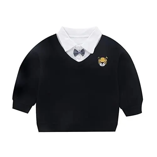 Produktbild: Baby mit Knopfleiste Kragen Pullover mit Fliege Kleine Jungen formelle Schuluniform langärmlig Tier Bestickt Polohemd Casual Regular fit Kleidung weich und bequem (Black, 4-5 Years)