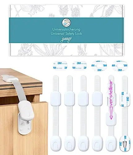 Produktbild: Baby und Kindersicherung für Schränke und Schubladen zum Kleben von JANEYO - Auch geeignet für Türen, Fenster, Mülleimer, Toilettendeckel, Kühlschränke uvm. - Kindersicherung Schrank