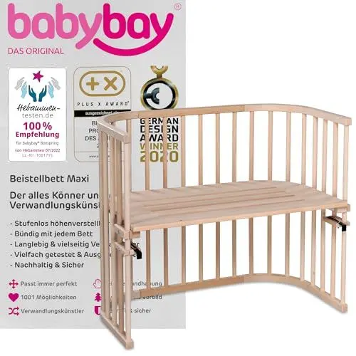 Produktbild: babybay Maxi extra großes Beistellbett aus massivem Buchenholz / Kinderbett Höhe stufenlos verstellbar & umweltfreundlich / mitwachsendes Babybett (natur unbehandelt)